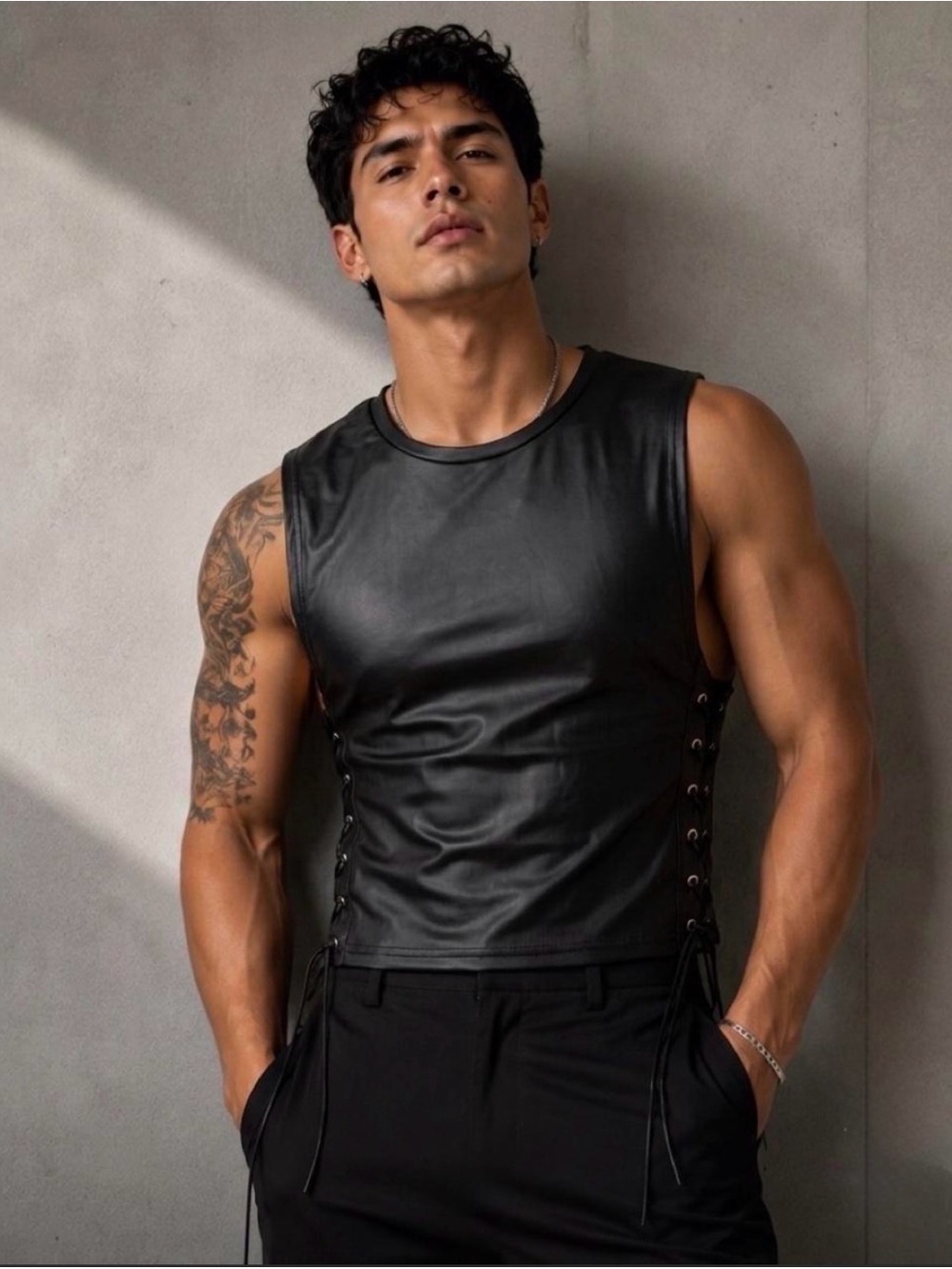 Black Sleeveless Faux Leather Lace-Up Men's Tank Top | XL